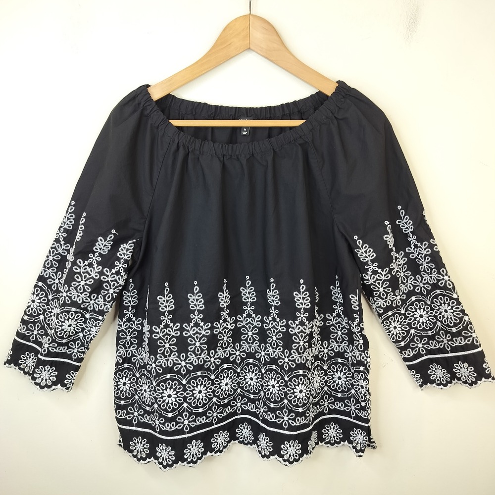 Talbots Eyelet Embroidered Blouse Medium Scallop Hem Boho Black